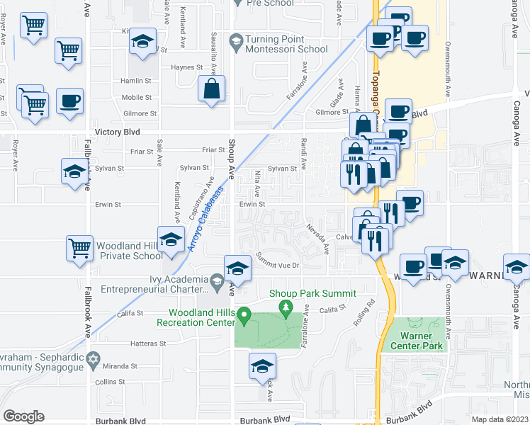 map of restaurants, bars, coffee shops, grocery stores, and more near 6195 Coral Pink Circle in Los Angeles
