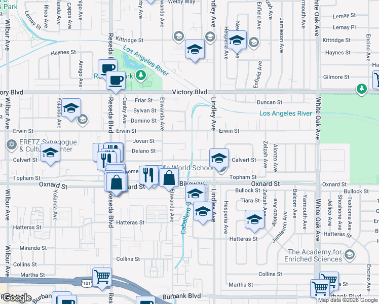 map of restaurants, bars, coffee shops, grocery stores, and more near 18211 Calvert Street in Los Angeles