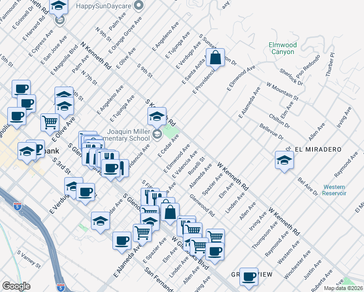 map of restaurants, bars, coffee shops, grocery stores, and more near 721 East Elmwood Avenue in Burbank