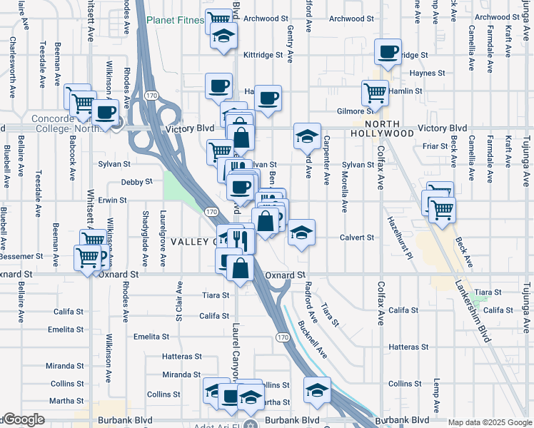 map of restaurants, bars, coffee shops, grocery stores, and more near 11950 Erwin Street in Los Angeles