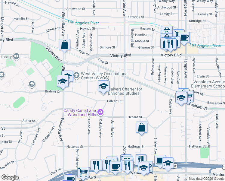 map of restaurants, bars, coffee shops, grocery stores, and more near 6141 Jumilla Avenue in Los Angeles