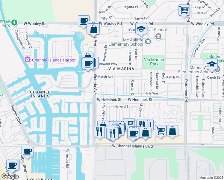 map of restaurants, bars, coffee shops, grocery stores, and more near 1851 Fisher Drive in Oxnard