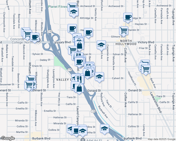 map of restaurants, bars, coffee shops, grocery stores, and more near 11950 Erwin Street in Los Angeles