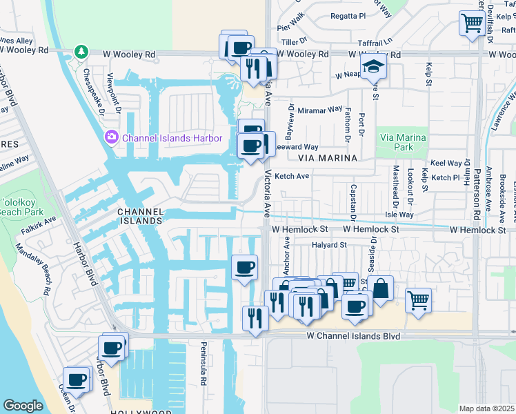 map of restaurants, bars, coffee shops, grocery stores, and more near 1901 Victoria Avenue in Oxnard