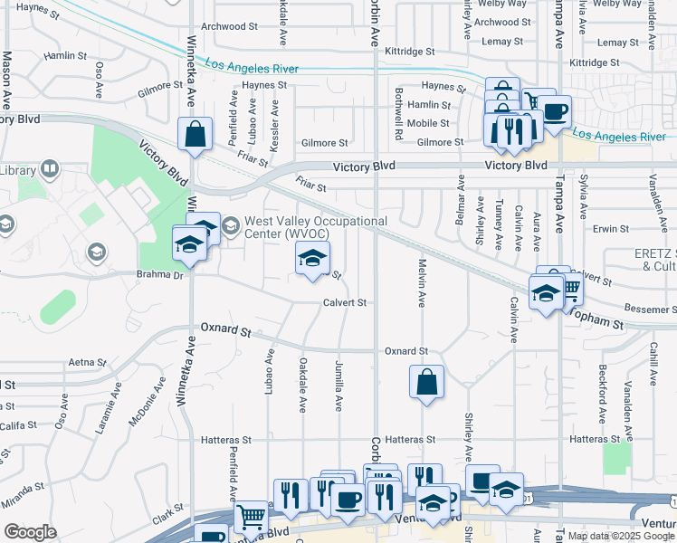 map of restaurants, bars, coffee shops, grocery stores, and more near 6141 Jumilla Avenue in Los Angeles