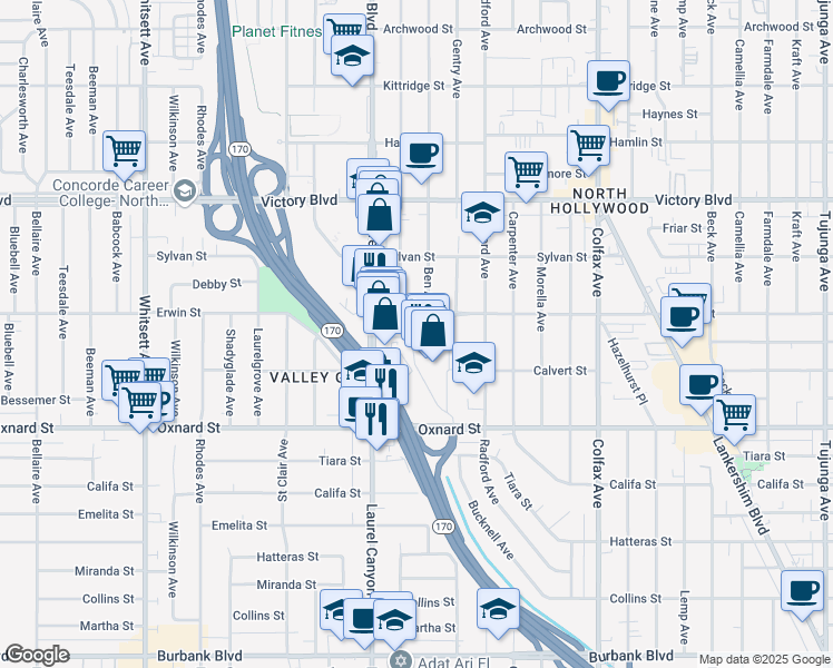 map of restaurants, bars, coffee shops, grocery stores, and more near West Erwin Street in Los Angeles