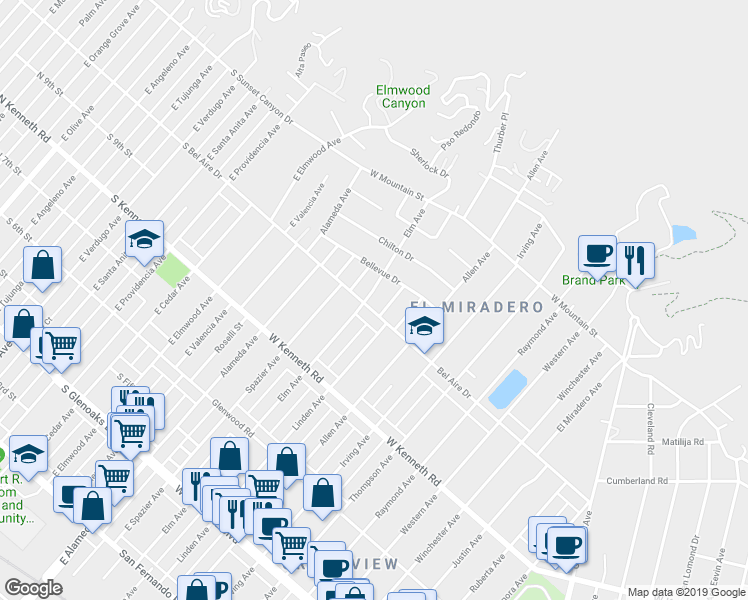 map of restaurants, bars, coffee shops, grocery stores, and more near 1406 Elm Avenue in Glendale