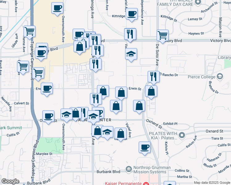 map of restaurants, bars, coffee shops, grocery stores, and more near 21200 Erwin Street in Los Angeles