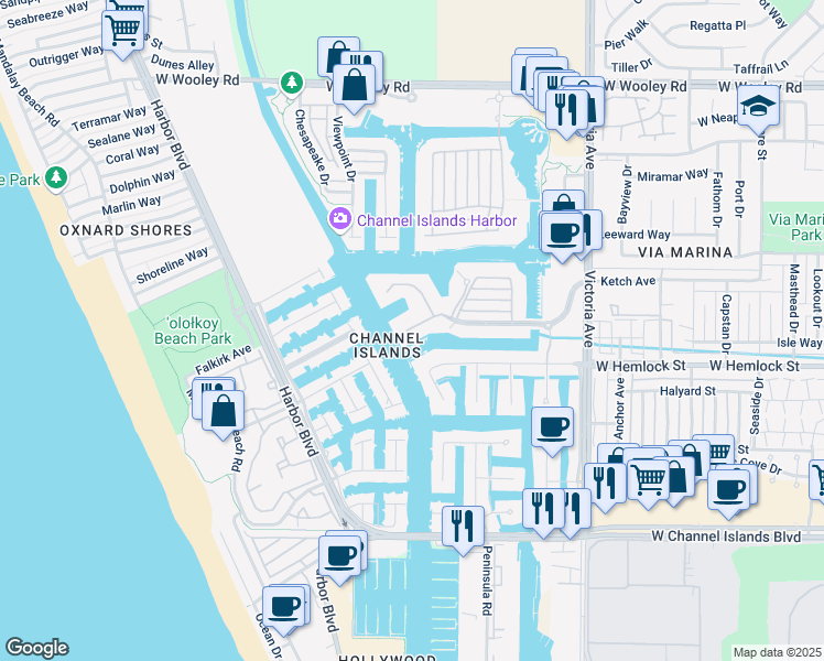 map of restaurants, bars, coffee shops, grocery stores, and more near 4240 Harbour Island Lane in Oxnard