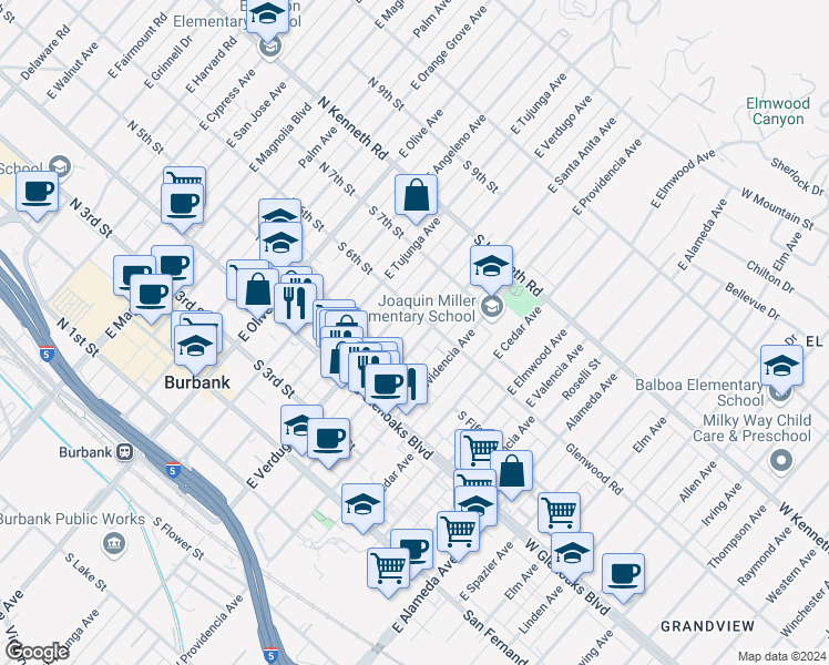 map of restaurants, bars, coffee shops, grocery stores, and more near 555 East Santa Anita Avenue in Burbank