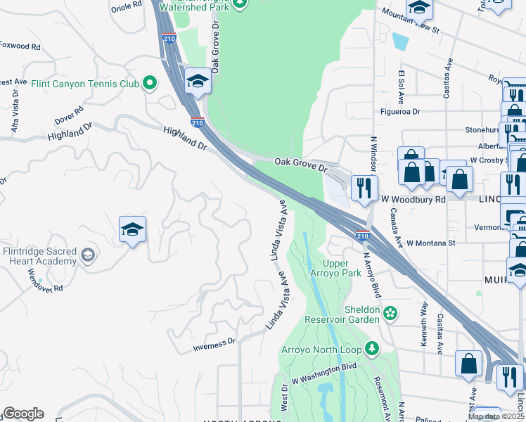 map of restaurants, bars, coffee shops, grocery stores, and more near 1568 Normandy Drive in Pasadena
