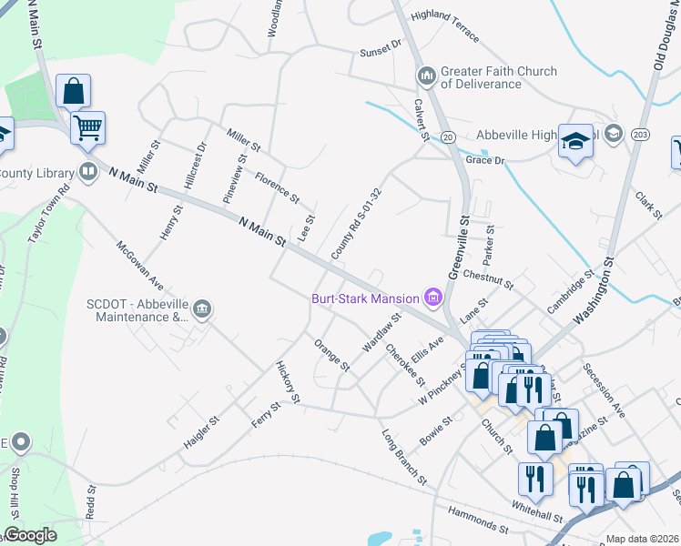 map of restaurants, bars, coffee shops, grocery stores, and more near 506 North Main Street in Abbeville