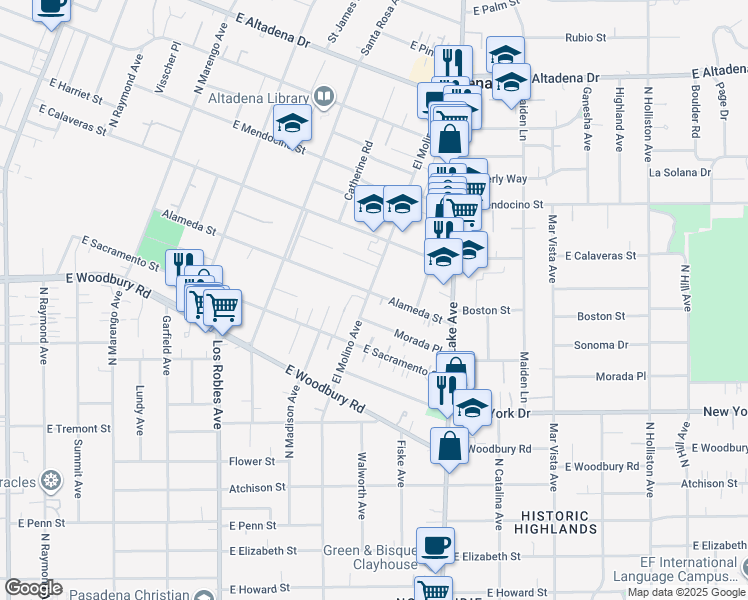 map of restaurants, bars, coffee shops, grocery stores, and more near 2154 El Molino Avenue in Altadena
