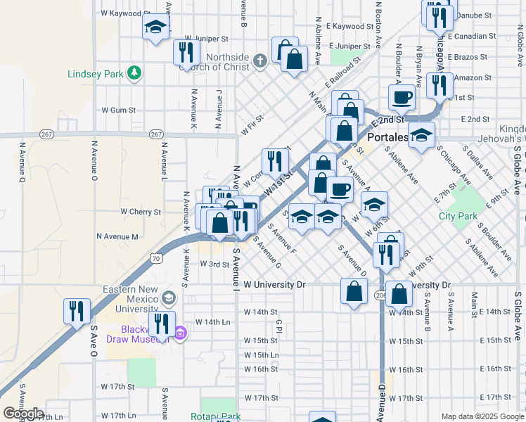 map of restaurants, bars, coffee shops, grocery stores, and more near 111 South Avenue F in Portales
