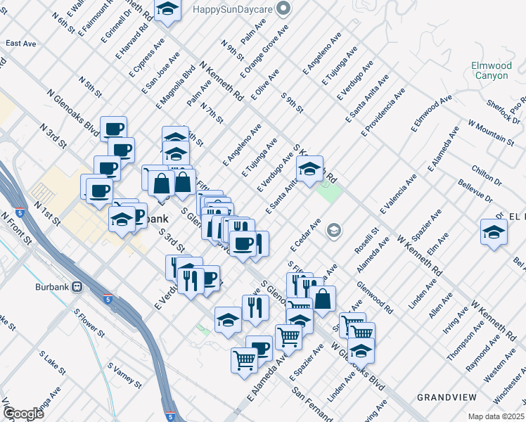 map of restaurants, bars, coffee shops, grocery stores, and more near 555 East Santa Anita Avenue in Burbank