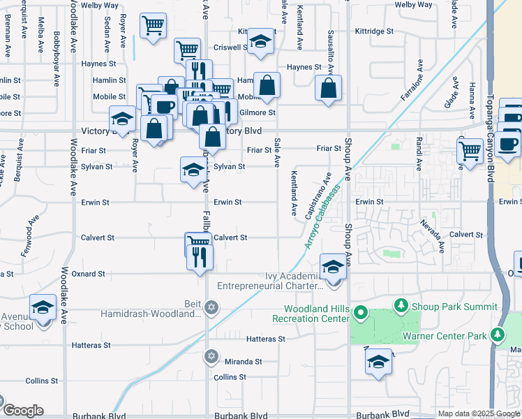 map of restaurants, bars, coffee shops, grocery stores, and more near 22628 Erwin Street in Los Angeles