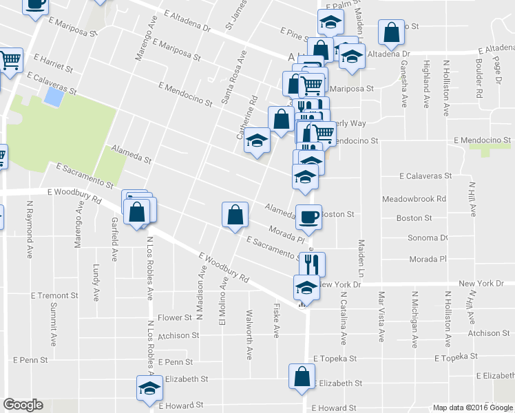 map of restaurants, bars, coffee shops, grocery stores, and more near 2154 El Molino Avenue in Altadena
