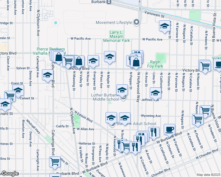 map of restaurants, bars, coffee shops, grocery stores, and more near 1834 North Maple Street in Burbank