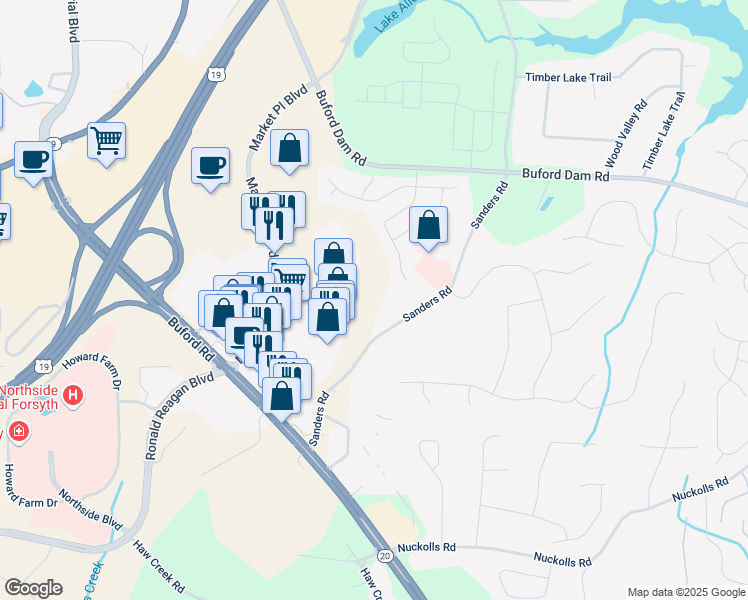 map of restaurants, bars, coffee shops, grocery stores, and more near 1080 Sanders Road in Cumming