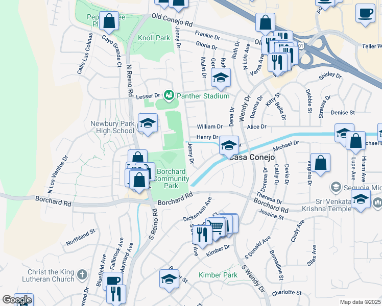 map of restaurants, bars, coffee shops, grocery stores, and more near 388 Jenny Drive in Ventura County