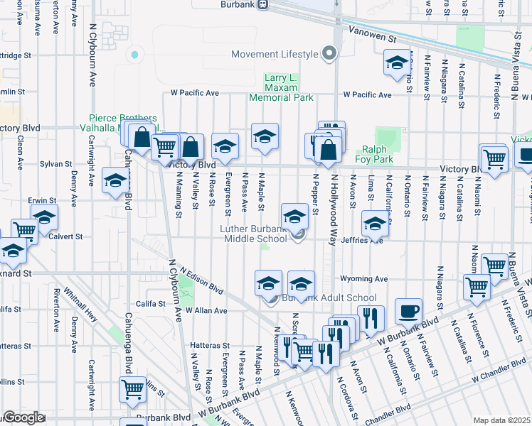 map of restaurants, bars, coffee shops, grocery stores, and more near 1834 North Maple Street in Burbank