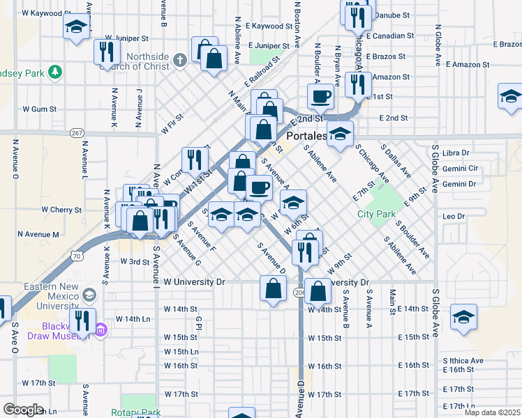 map of restaurants, bars, coffee shops, grocery stores, and more near 499 West 4th Street in Portales
