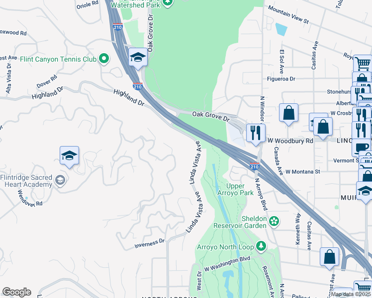 map of restaurants, bars, coffee shops, grocery stores, and more near 1568 Normandy Drive in Pasadena