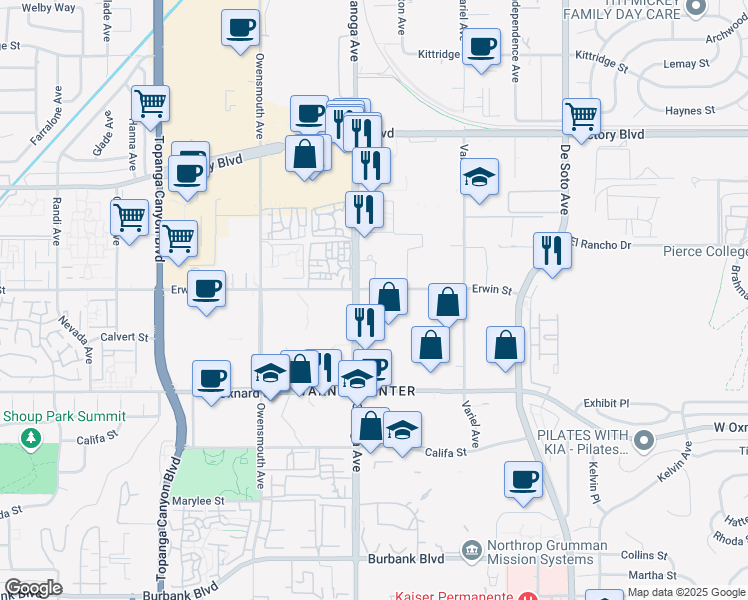 map of restaurants, bars, coffee shops, grocery stores, and more near 6150 Canoga Avenue in Los Angeles