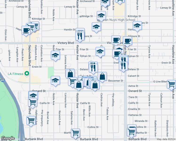 map of restaurants, bars, coffee shops, grocery stores, and more near 14802 Delano Street in Los Angeles