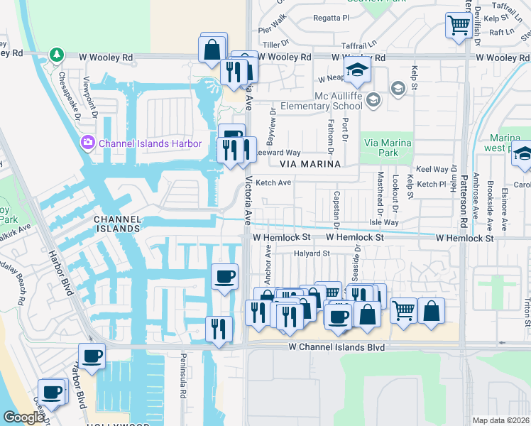 map of restaurants, bars, coffee shops, grocery stores, and more near 3664 Islander Walk in Oxnard