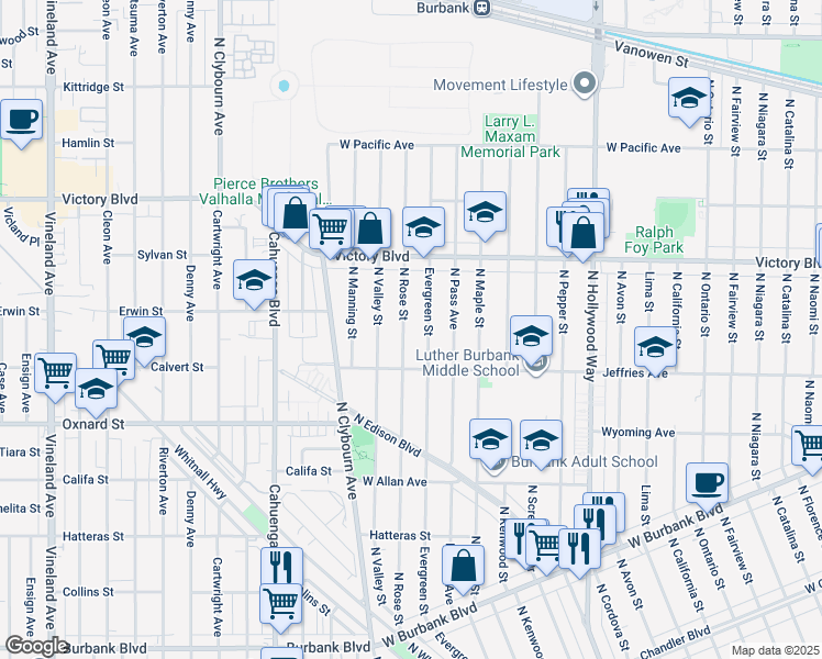 map of restaurants, bars, coffee shops, grocery stores, and more near 1832 North Rose Street in Burbank