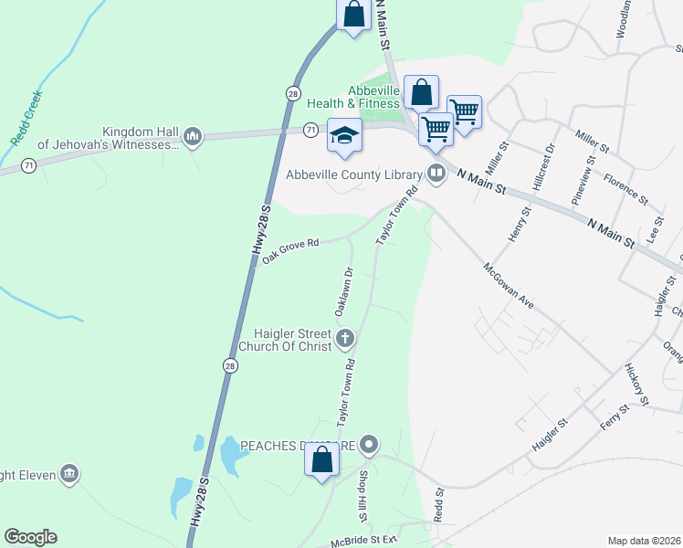 map of restaurants, bars, coffee shops, grocery stores, and more near 63 Oaklawn Drive in Abbeville