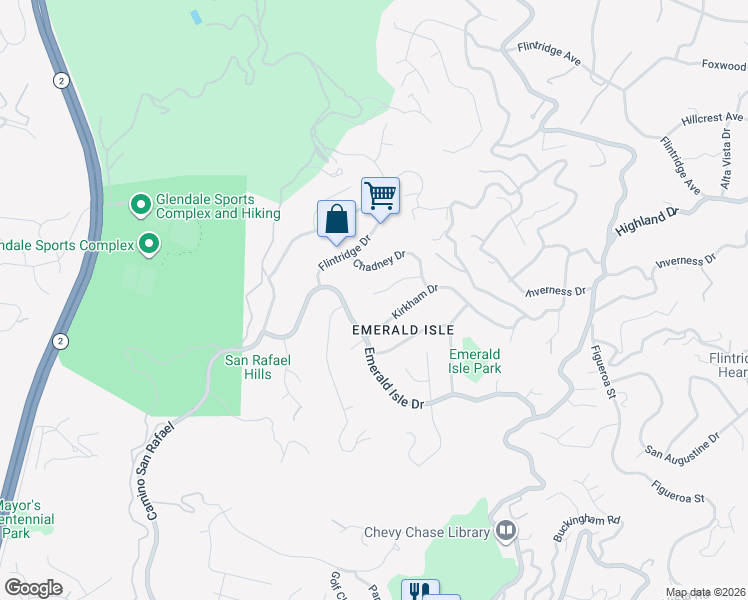 map of restaurants, bars, coffee shops, grocery stores, and more near 3117 Kirkham Drive in Glendale