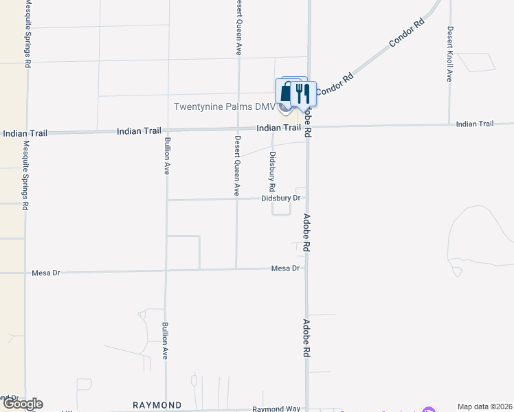 map of restaurants, bars, coffee shops, grocery stores, and more near 73567 Didsbury Drive in Twentynine Palms