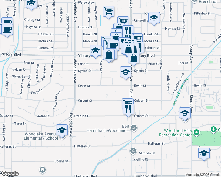 map of restaurants, bars, coffee shops, grocery stores, and more near 22924 Erwin Street in Los Angeles