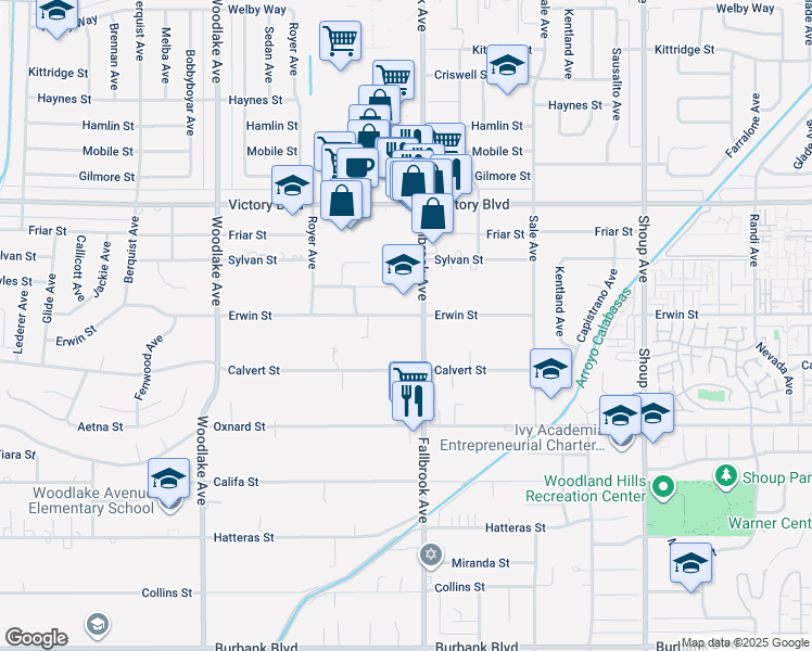 map of restaurants, bars, coffee shops, grocery stores, and more near 22816 Erwin Street in Los Angeles