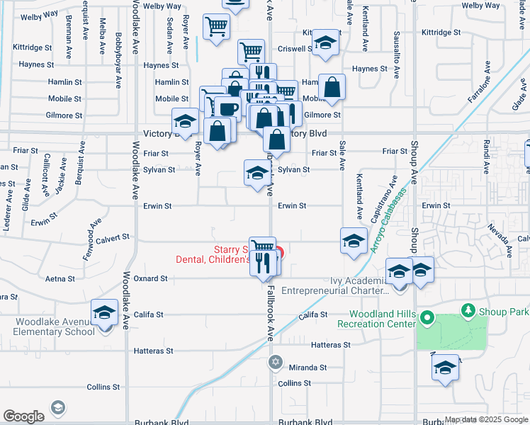 map of restaurants, bars, coffee shops, grocery stores, and more near 6132 Fallbrook Avenue in Los Angeles