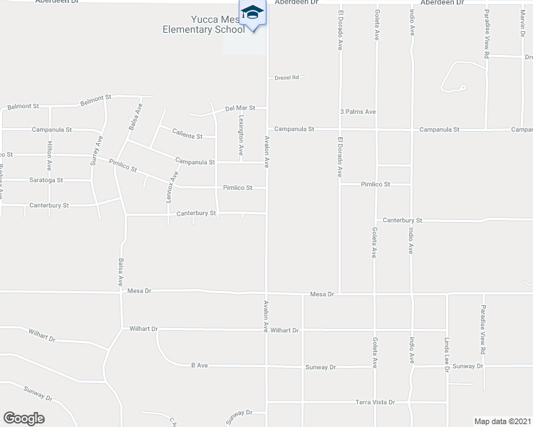 map of restaurants, bars, coffee shops, grocery stores, and more near Canterbury Street in Yucca Valley