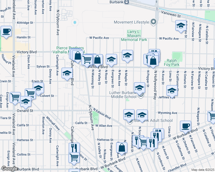 map of restaurants, bars, coffee shops, grocery stores, and more near 1832 North Rose Street in Burbank
