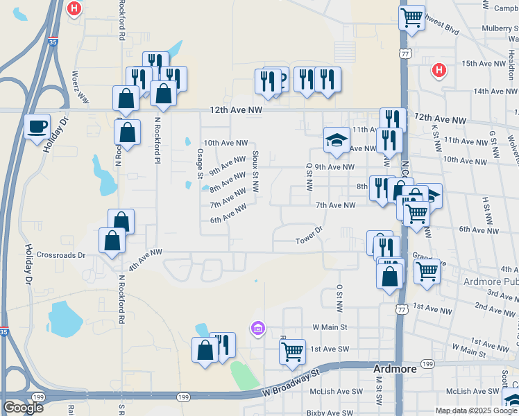map of restaurants, bars, coffee shops, grocery stores, and more near 614 Sioux Street Northwest in Ardmore