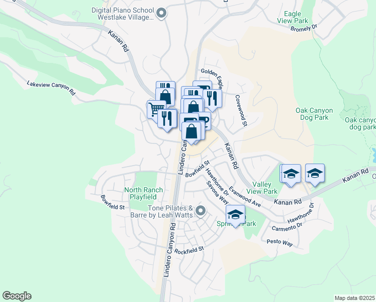 map of restaurants, bars, coffee shops, grocery stores, and more near 633 Lindero Canyon Road in Oak Park