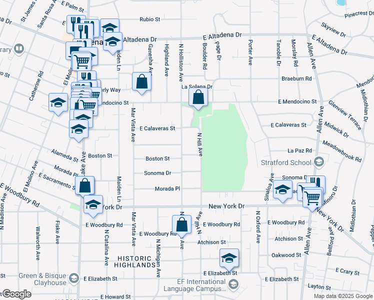 map of restaurants, bars, coffee shops, grocery stores, and more near 1337 Boston Street in Altadena
