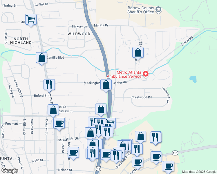 map of restaurants, bars, coffee shops, grocery stores, and more near US Highway 41 in Cartersville