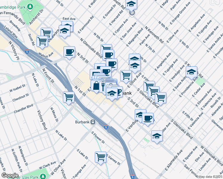 map of restaurants, bars, coffee shops, grocery stores, and more near 220 North San Fernando Boulevard in Burbank