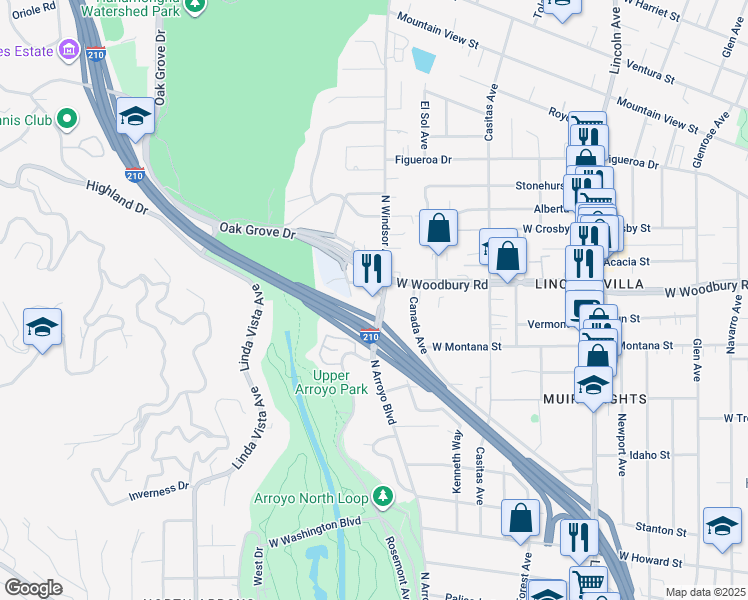 map of restaurants, bars, coffee shops, grocery stores, and more near 2122 North Windsor Avenue in Altadena