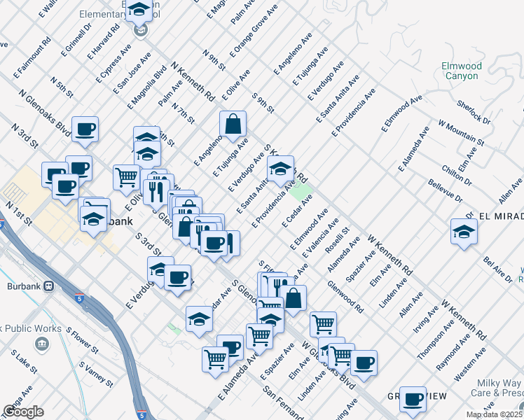 map of restaurants, bars, coffee shops, grocery stores, and more near 575 East Providencia Avenue in Burbank
