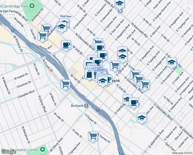 map of restaurants, bars, coffee shops, grocery stores, and more near 220 North San Fernando Boulevard in Burbank