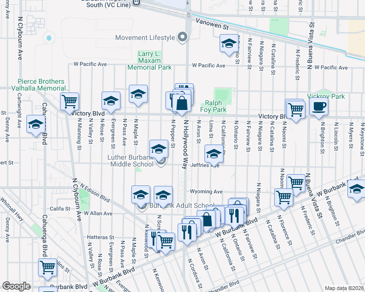 map of restaurants, bars, coffee shops, grocery stores, and more near 1820 North Pepper Street in Burbank