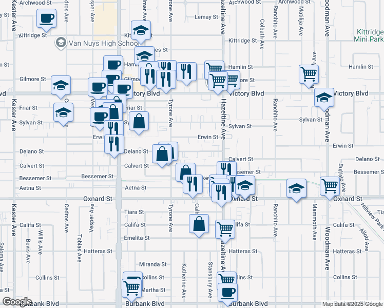 map of restaurants, bars, coffee shops, grocery stores, and more near 14223 Calvert Street in Los Angeles