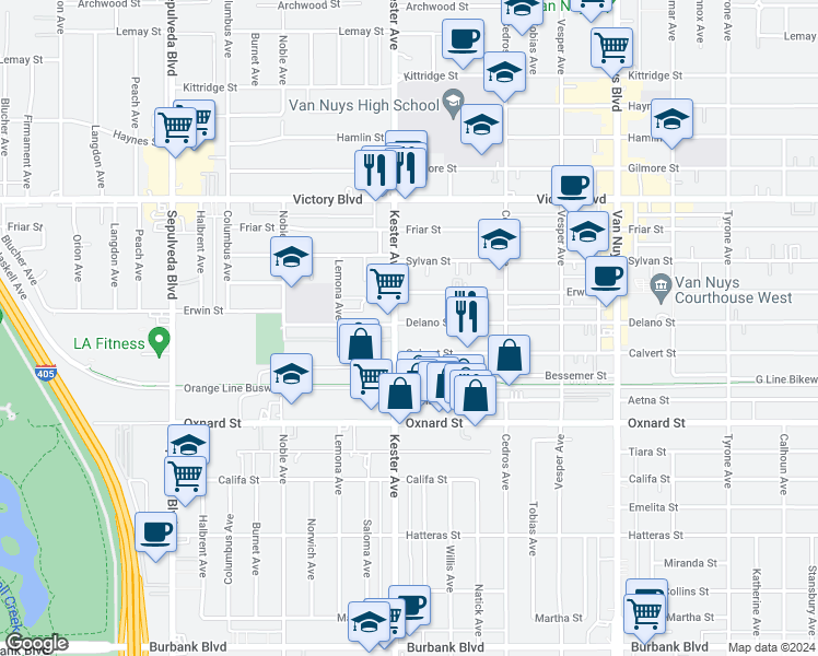 map of restaurants, bars, coffee shops, grocery stores, and more near 14833 Calvert Street in Los Angeles
